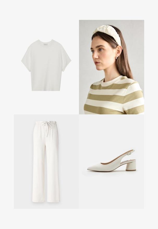 Hvit t-skjorte med korte ermer, bred rund hals og teksturert ribbet mønster, laget av myk stoff, med en avslappet passform og et enkelt design.; Hvite vide bukser laget av myk stoff, med snor i livet og jevn tekstur. Ingen mønstre eller dekorasjoner synlige.; Hvit lær slingback pump med spiss tå, mid-høy blokkhelle og justerbar stropp. Glatt tekstur; minimalistisk design.; Kremfarget polstret hodebånd med tvunnet design, kombinert med en beige og hvit stripete skjorte med rund halsutskjæring. Subtile smykker som aksenter.
