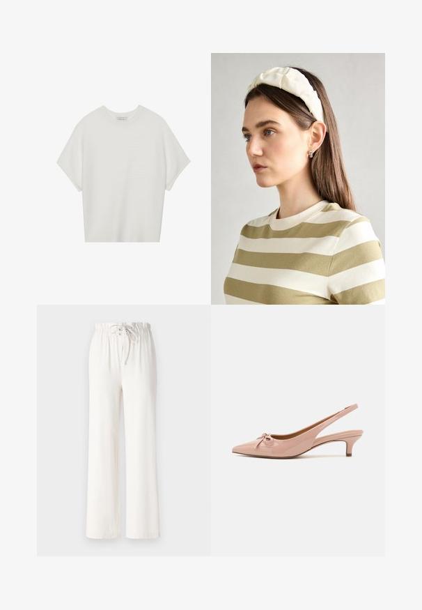 Balta trumpa rankovėmis marškinėliai su plačiu apykakle ir tekstūruotu gumbelių raštu, pagaminti iš minkštos medžiagos, pasižymintys laisvu siluetu ir tvarkingu dizainu.; Balti plačios kelnės, pagamintos iš minkštos medžiagos, su raišteliu liemens srityje ir glotnia tekstūra. Nėra matomų raštų ar puošmenų.; Patentinės rožinės stiletės su smailiu padu, priekyje su katės ausies detale ir žemu kitten kulnu. Lygi tekstūra su blizgiu paviršiumi.; Kremo spalvos paminkštinta galvos juosta su suktiniu dizainu, derinama su smėlio ir baltos spalvos juostelėmis marškiniais, turinčiais apvalų iškirpimą. Subtilūs papuošalų akcentai.