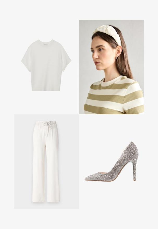 Bela majica s kratkimi rokavi in širokim ovratnikom ter teksturiranim rebrastim vzorcem, izdelana iz mehke tkanine, z udobnim krojem in čistim dizajnom.; Bele široke hlače iz mehkega materiala, z elastičnim pasom in gladko teksturo. Brez vzorcev ali okrasnih dodatkov.; Iskrivi srebrni visoki čevelj s koničastim nosom, okrašen s sequins in dragulji, z vitkim stiletto peto in gladkim podplatom.; Kremna ušesna traka s prepletenim dizajnom, uparjena s bež in belimi črtastimi majicami z okroglim izrezom. Diskretni nakit.