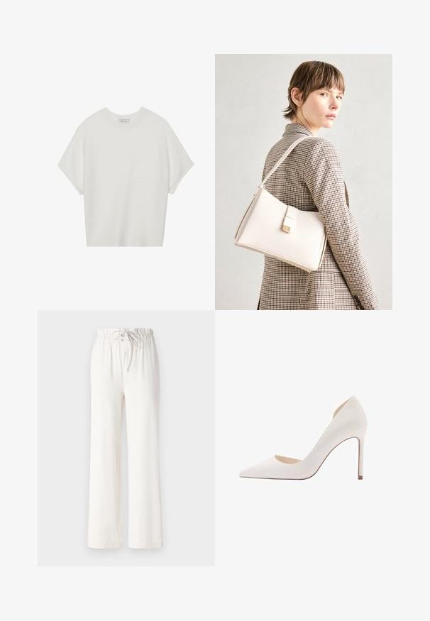 Bela majica s kratkimi rokavi in širokim ovratnikom ter teksturiranim rebrastim vzorcem, izdelana iz mehke tkanine, z udobnim krojem in čistim dizajnom.; Bele široke hlače iz mehkega materiala, z elastičnim pasom in gladko teksturo. Brez vzorcev ali okrasnih dodatkov.; Bela visoka petka s ošiljenim nosom, gladke teksture, elegantne silhuete in tankim stiletto petom; vsebuje izrezan stranski del.; Bela usnjena torba s strukturirano zasnovo, opremljena z magnetnim zapiranjem in naramnico, prikazana na nevtralni ozadju.