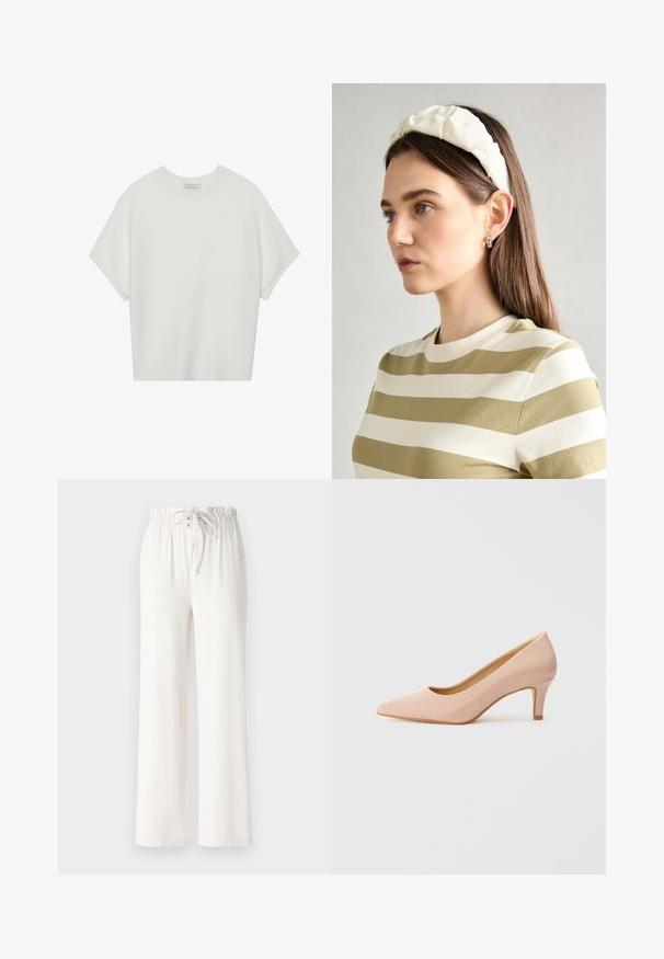 Camiseta branca de mangas curtas com um decote careca largo e um padrão texturizado canelado, feita de tecido suave, com um corte relaxado e um design limpo.; Calças largas brancas feitas de tecido macio, com uma cintura elástica e textura suave. Sem padrões ou adornos visíveis.; Sapato de salto alto rosa brilhante, com bico apontado e salto baixo, apresentando um acabamento liso e brilhante, além de um corte em forma de V ligeiramente aberto na parte da frente.; Fita de cabelo almofadada em creme com design torcido, acompanhada de uma camisa às riscas bege e branca com escote redondo. Acentos discretos em joias.