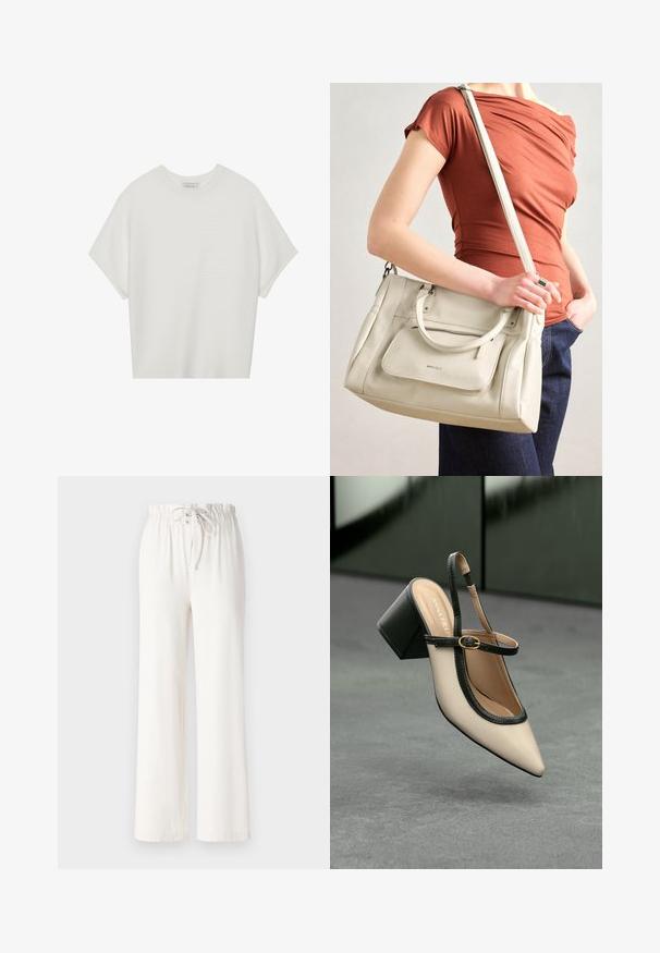 Camiseta branca de mangas curtas com um decote careca largo e um padrão texturizado canelado, feita de tecido suave, com um corte relaxado e um design limpo.; Calças largas brancas feitas de tecido macio, com uma cintura elástica e textura suave. Sem padrões ou adornos visíveis.; Sandal de biqueira pontuda em bege com acabamento preto, fivela dourada e um salto bloco sólido, em um chão cinza com fundo verde escuro.; Bolsa de couro branca com alças duplas e uma alça destacável, apresentando um bolso frontal com fecho e textura suave. A bolsa está a ser carregada no braço de uma pessoa.