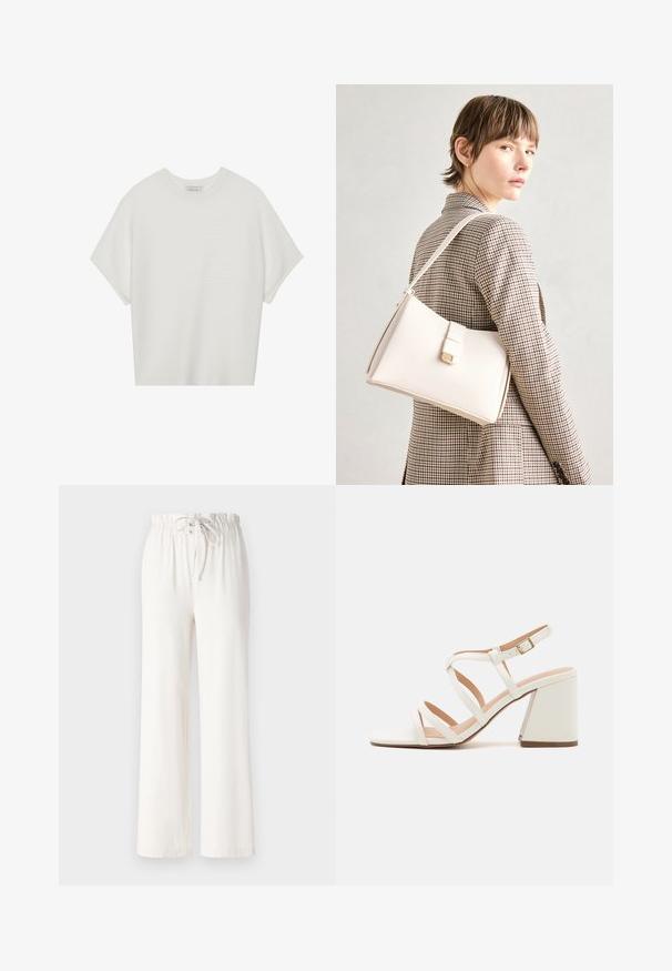 White short-sleeve t-shirt with a wide crew neck and textured ribbed pattern, made of soft fabric, featuring a relaxed fit and a clean design.; White wide-leg pants made of soft fabric, featuring a drawstring waist and smooth texture. No patterns or embellishments visible.; Even&Odd Wide Fit Sandals - white; White leather handbag with a structured design, featuring a magnetic clasp and a shoulder strap, showcased against a neutral background.