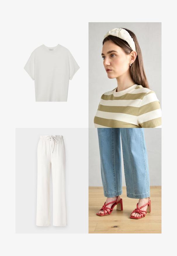 Camiseta branca de mangas curtas com um decote careca largo e um padrão texturizado canelado, feita de tecido suave, com um corte relaxado e um design limpo.; Calças largas brancas feitas de tecido macio, com uma cintura elástica e textura suave. Sem padrões ou adornos visíveis.; Sandálias de salto vermelho com tiras atadas e design de bico aberto. Forma de bico quadrado e salto bloco robusto. Usadas com jeans de perna larga azul claro.; Fita de cabelo almofadada em creme com design torcido, acompanhada de uma camisa às riscas bege e branca com escote redondo. Acentos discretos em joias.