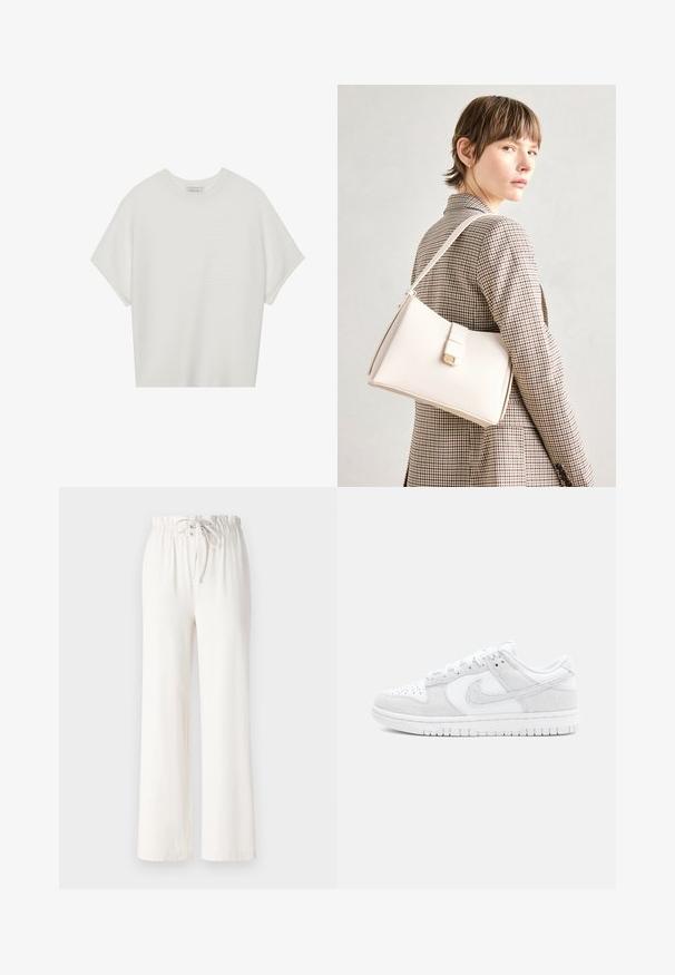 Camiseta blanca de manga corta con cuello redondo amplio y patrón acanalado texturizado, hecha de una tela suave, con un corte relajado y un diseño limpio.; Pantalones de pierna ancha blancos, hechos de un tejido suave, con cintura ajustable y textura lisa. Sin patrones ni adornos visibles.; Zapatillas Nike blancas que combinan cuero texturizado y ante, con un diseño de corte bajo, punta redonda y suela de goma con patrón.; Bolso de mano de cuero blanco con un diseño estructurado, que presenta un cierre magnético y una correa para el hombro, exhibido sobre un fondo neutro.