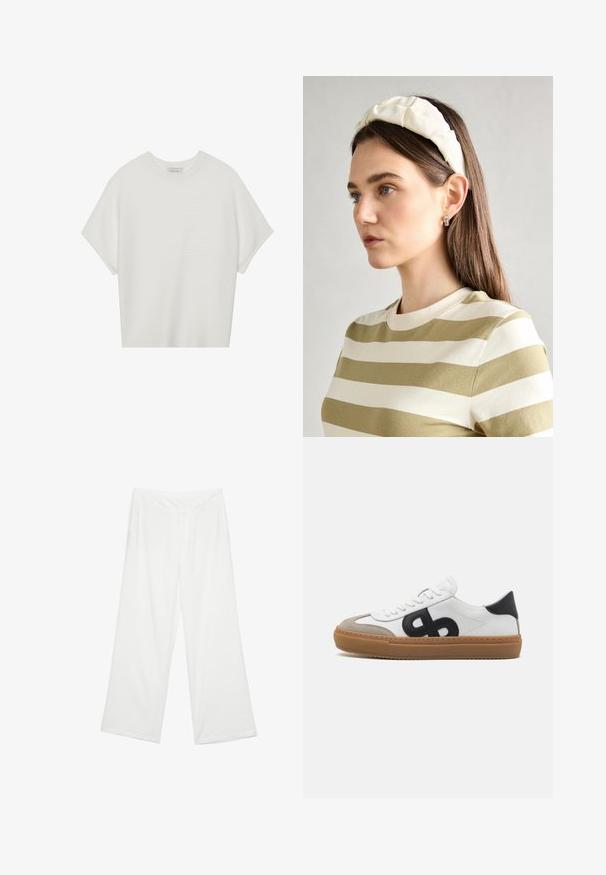 Biela tričko s krátkym rukávom a širokým okrúhlym výstrihom, s textúrovaným rebrovaným vzorom, vyrobené z mäkkej látky, s uvoľneným strihom a čistým dizajnom.; Biele široké nohavice z látky s hladkým povrchom, prednými vreckami a klasickým pásom s pútkami na opasok.; Biele kožené tenisky s čiernym logom, semišovými akcentmi a gumovou podrážkou. Obsahujú ploché biele šnúrky a zaoblený dizajn špičky.; Krémová čelenka s vypchatím a vzorom vrkoča, skombinovaná s béžovo-bielym pruhovaným tričkom s okrúhlym výstrihom. Nápadné doplnky z jemného šperku.