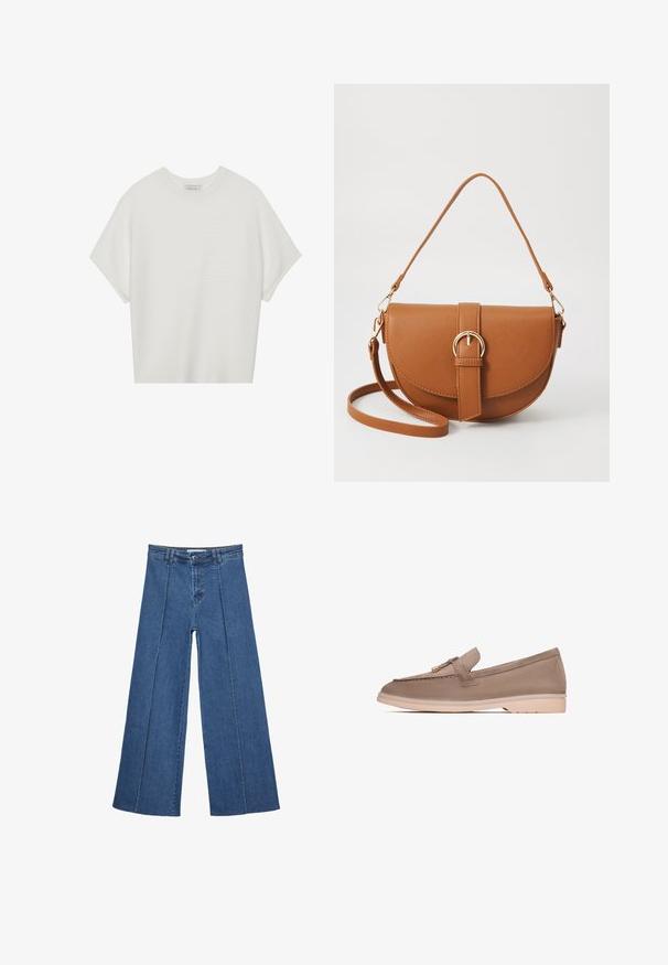 Weißes T-Shirt mit kurzen Ärmeln, weitem Rundhalsausschnitt und strukturiertem Rippenmuster, aus weichem Stoff, mit legerer Passform und einem klaren Design.; Weite Jeans aus Denim in Mittelblau, mit hoher Taille, Knopfverschluss und kontrastierenden vertikalen Nahtdetails an der Vorderseite.; Brauner Lederloafer mit glatter Textur, versehen mit einem dekorativen Band und goldenen Beschlägen, der auf einer hellbeigen Gummisohle ruht.; Braune Leder-Crossbody-Tasche mit geschwungener Form, goldfarbenen Beschlägen und einer Schnallenakzentuierung. Verfügt über einen abnehmbaren Schultergurt.