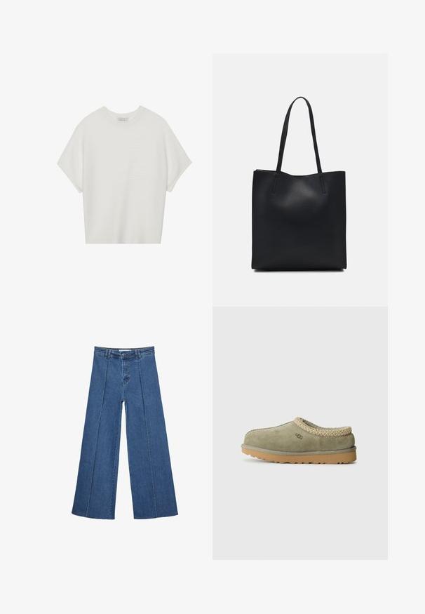 Biała koszulka z krótkim rękawem o szerokim dekolcie, wykonana z miękkiego materiału, z fakturowanym prążkowanym wzorem, charakteryzująca się luźnym krojem i minimalistycznym designem.; Jeans typu wide-leg w średnim niebieskim kolorze, z wysokim stanem, zapięciem na guziki oraz kontrastowymi szwami pionowymi z przodu.; Zielone zamszowe buty wsuwane z teksturowanym beżowym kołnierzem dzianinowym i gumową podeszwą. Wyróżnia je logo marki na boku. Prosty, okrągły nosek.; Czarna skórzana torba tote o gładkiej fakturze, prostokątnym kształcie i dwóch długich uchwytach. Brak widocznych elementów metalowych i ozdób.
