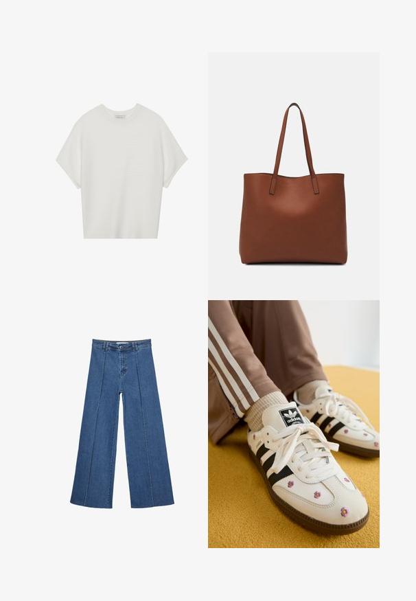 Bijela majica kratkih rukava s širokim okruglim izrezom i teksturiranim rebrastim uzorkom, izrađena od mekog materijala, s opuštenim krojem i čistim dizajnom.; Široke traperice u srednje plavoj boji, s visokim strukom, zatvaranjem na dugme i kontrastnim vertikalnim šavovima duž prednje strane.; Bijele kožne tenisice s tri crne pruge i cvjetnim vezom u ljubičastoj i žutoj boji. Smeđi gumeni potplat. Uparene s bež rebrastim čarapama.; Smeđa kožna torba preko ramena s glatkom teksturom, otvorenim vrhom i dvjema naramenicama. Ima minimalne šavove i nema vidljivog hardvera.