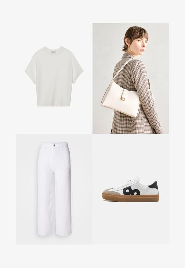 Camiseta branca de mangas curtas com um decote careca largo e um padrão texturizado canelado, feita de tecido suave, com um corte relaxado e um design limpo.; Calças largas de ganga branca com fecho de botão, passantes para cinto, dois bolsos frontais e um único bolso traseiro. Tecido durável e texturizado.; Sneaker de couro branco com logotipo preto, detalhes em camurça e sola de borracha. Apresenta atacadores brancos planos e um design de bico arredondado.; Bolsa de mão em couro branco com um design estruturado, apresentando um fecho magnético e uma alça de ombro, exibida sobre um fundo neutro.