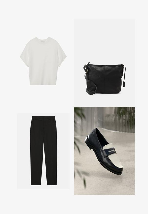 Bela majica s kratkimi rokavi in širokim ovratnikom ter teksturiranim rebrastim vzorcem, izdelana iz mehke tkanine, z udobnim krojem in čistim dizajnom.; Črne hlače z oblikovanim krojem, ki imajo stranske žepke in ravno nogavico. Narejene so iz gladkega, lahkotnega materiala z elegantnim zaključkom.; Črno-bela usnjena loafer čevlja z dekorativnim šivom, ki lebdi nad betonskim tlakom s spredaj zamegljenimi rastlinami v ozadju.; Črna usnjena torbica čez telo s ravno obliko, z zlatimi kovinskimi dodatki in nastavljivim trakom. Gladka tekstura z minimalnimi šivi.