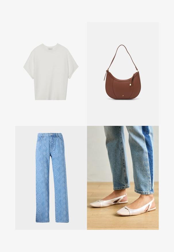 White short-sleeve t-shirt with a wide crew neck and textured ribbed pattern, made of soft fabric, featuring a relaxed fit and a clean design.; Light blue denim jeans with a textured snake print pattern, straight-leg design, five pockets, and a metal button closure.; Pale pink slingback flats with a pointed toe, made from a smooth leather-like material. Features cut-out details at the sides and a flat heel.; Brown faux leather shoulder bag with curved shape, minimal stitching, and a gold-tone hardware accent. Features a top zipper closure and adjustable strap.