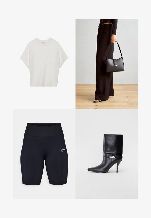 Bela majica s kratkimi rokavi in širokim ovratnikom ter teksturiranim rebrastim vzorcem, izdelana iz mehke tkanine, z udobnim krojem in čistim dizajnom.; Črne kolesarske hlače iz elastičnega materiala z visokim pasom. Imajo majhen beli logo na levem stegnu in gladko teksturo.; Črne usnjene gležnjarje z ostrim nosom, visokim stiletto peto, zavihanim robom in zlatim okrasnim zaponko na gležnju.; Črna torbica z strukturirano obliko, gladko teksturo in kovinskim zaponko. Ujemajo se z širokimi črnimi hlačami in odprtimi sandali na lesenem tleh.