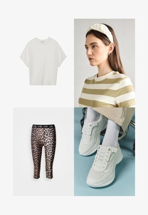Bílý krátký rukáv tričko s širokým kulatým výstřihem a texturovaným žebrovaným vzorem, vyrobené z měkké látky, s uvolněným střihem a čistým designem.; Kraťasy s legínovým střihem vyrobené z elastického materiálu, pokryté černozlatým leopardím vzorem a s černým elastickým pasem.; Bílé tenisky s materiálem z mešové tkaniny, gumovou podrážkou, bezšňůrovým designem s elastickými pásky a zlatými akcenty.; Krémová polstrovaná čelenka s twist designem, doplněná béžovým a bílým pruhovaným tričkem s kulatým výstřihem. Jemné šperky.