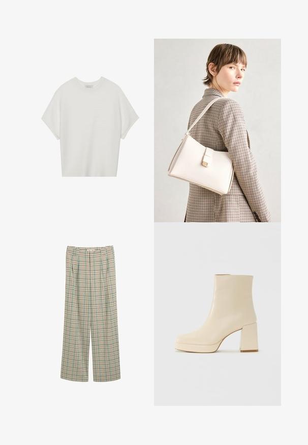 Witte T-shirt met korte mouwen, een brede ronde hals en een gestructureerd ribpatroon, gemaakt van zachte stof. Het shirt heeft een ontspannen pasvorm en een strakke uitstraling.; Wijdvallende broek in een beige ruitpatroon met groene en marineblauwe accenten, met plooien aan de voorkant en een gestructureerde afwerking.; Beige leren enkelboot met blokhak en plateauzool, gladde afwerking en licht vierkante neus, gericht naar links op een witte achtergrond.; Witte leren handtas met een gestructureerd ontwerp, voorzien van een magneetsluiting en een schouderriem, tentoongesteld tegen een neutrale achtergrond.