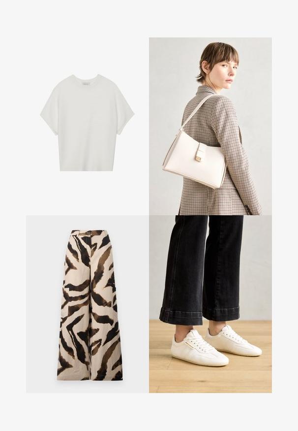 Witte T-shirt met korte mouwen, een brede ronde hals en een gestructureerd ribpatroon, gemaakt van zachte stof. Het shirt heeft een ontspannen pasvorm en een strakke uitstraling.; Wijde broek van lichtgewicht stof, met een beige basis en een bruin en zwart tijgerstreep patroon, en zijzakken.; Witte leren sneakers met een gestructureerd oppervlak, vetersluiting, ronde neuzen en subtiele zijstrepen, gedragen met zwarte wijde jeans.; Witte leren handtas met een gestructureerd ontwerp, voorzien van een magneetsluiting en een schouderriem, tentoongesteld tegen een neutrale achtergrond.
