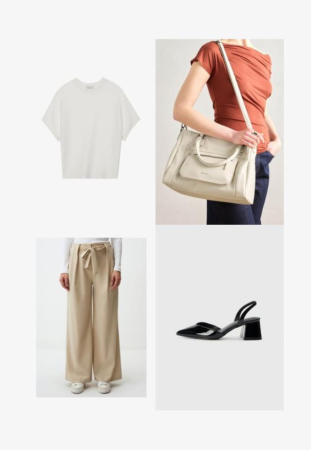 Weißes T-Shirt mit kurzen Ärmeln, weitem Rundhalsausschnitt und strukturiertem Rippenmuster, aus weichem Stoff, mit legerer Passform und einem klaren Design.; Beige weit geschnittene Hose mit gebundenem Bund, die eine glatte Textur und ein fließendes Design aufweist. Getragen mit weißen Sneakers.; Schwarze Lackleder-Slingback-High Heels mit spitzem Schuh und einem geometrischen Blockabsatz. Verfügt über ein schlankes, minimalistisches Design und eine glatte Textur.; Weiße Lederhandtasche mit zwei Griffen und einem abnehmbaren Schulterriemen, ausgestattet mit einer vorderen Reißverschlusstasche und glatter Textur. Wird am Arm einer Person getragen.
