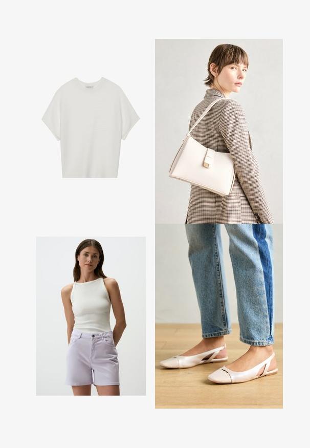 Weißes T-Shirt mit kurzen Ärmeln, weitem Rundhalsausschnitt und strukturiertem Rippenmuster, aus weichem Stoff, mit legerer Passform und einem klaren Design.; Weißes, geripptes Tanktop mit hohem Halsausschnitt kombiniert mit helllavendelfarbenen Denim-Shorts, die vordere Taschen und einen schwarzen Knopfverschluss haben.; Blassrosa Slingback-Ballerinas mit spitzem Punkt, aus einem glatten, lederähnlichen Material. Mit Ausschnitten an den Seiten und einem flachen Absatz.; Weiße Lederhandtasche mit strukturiertem Design, ausgestattet mit einem Magnetverschluss und einem Schulterriemen, präsentiert vor einem neutralen Hintergrund.