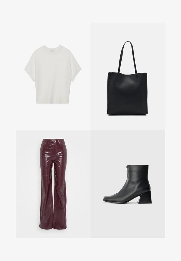 Valge lühikeste varrukatega T-särk laia ümaraha kaelusega ja tekstureeritud ribapatterniga, pehmest kangast, lõdva istuvuse ja puhta disainiga.; Küljest kõrge talje ja burgundia värvi faux nahast püksid, laienevate jalgadega, eesnupuga ja taskutega, esitatud valgel taustal.; Must musta ankle bot, mille ruudukujuline varvas, külgriiv ja plokk-konts, heledal taustal.; Mustast nahast kott sujuva tekstuuriga, ristkülikukujuline ja kahe pika sangaga. Pole nähtavat riistvara ega kaunistusi.