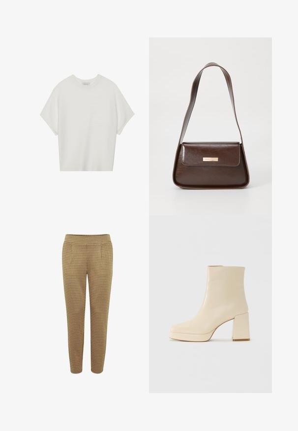 Witte T-shirt met korte mouwen, een brede ronde hals en een gestructureerd ribpatroon, gemaakt van zachte stof. Het shirt heeft een ontspannen pasvorm en een strakke uitstraling.; Bruine geruite broek met een aansluitende vorm, elastische tailleband en twee zijzakken. De stof heeft een zachte textuur met een geruit patroon.; Beige leren enkelboot met blokhak en plateauzool, gladde afwerking en licht vierkante neus, gericht naar links op een witte achtergrond.; Bruine leren schoudertas met een gestructureerde vorm, voorzien van een magnetische klepsluiting en een metallic logoaccent aan de voorkant.