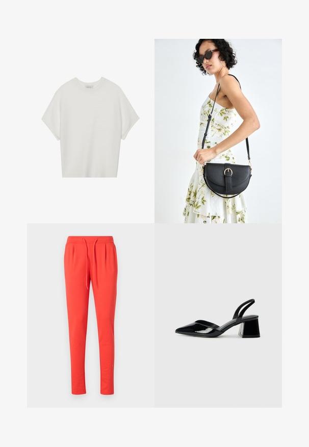 Fehér, rövid ujjú póló széles kerek nyakkivágással és textúrázott, bordás mintával, puha anyagból készült, laza fazonú és letisztult dizájnú.; Piros dzsogger nadrág puha anyagból, rugalmas derékkal és állítható zsinórral. Cikkcakkos lábvágású kialakítással rendelkezik.; Fekete lakk bőr szandálkés magas sarkú cipő, hegyes orral és geometrikus tömbsarkakkal. Karcsú, minimalista dizájn és sima textúra jellemzi.; Fekete bőrtáska ívelt formával, levehető pánttal és arany színű fémrészekkel. A táskán egy csattal díszített fedél található.