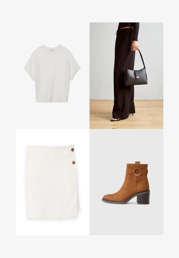 Bijela majica kratkih rukava s širokim okruglim izrezom i teksturiranim rebrastim uzorkom, izrađena od mekog materijala, s opuštenim krojem i čistim dizajnom.; Bijela suknja od teksturirane tkanine, s dizajnom u obliku omota i dva okrugla gumba sa strane za kopčanje.; Smeđa antilop čizma do gležnjeva s okruglim vrhom, blok potpeticom i dekorativnom trakom s detaljem kružne kopče.; Crna torba s oblikom koji sadrži strukturu, glađu teksturu i metalnu kopču. Uparena s širokim crnim hlačama i sandalama na otvorenom s drvenog poda.