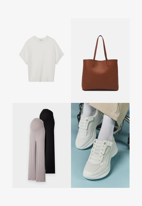 Tricou alb cu mânecă scurtă, cu guler larg și model texturat cu dungi, realizat dintr-un material moale, având o croială lejeră și un design curat.; O pereche de pantaloni de maternitate dintr-un material moale și elastic. Unii gri și alții negri, având picioare largi și un tiv elastic pentru confort.; Adidași albi cu un material din plasă, talpă din cauciuc, design fără șireturi cu benzi elastice și accente aurii.; Geantă de umăr din piele maro cu o textură netedă, design cu vârf deschis și două curele pentru umăr. Prezintă cusături minime și fără componente metalice vizibile.