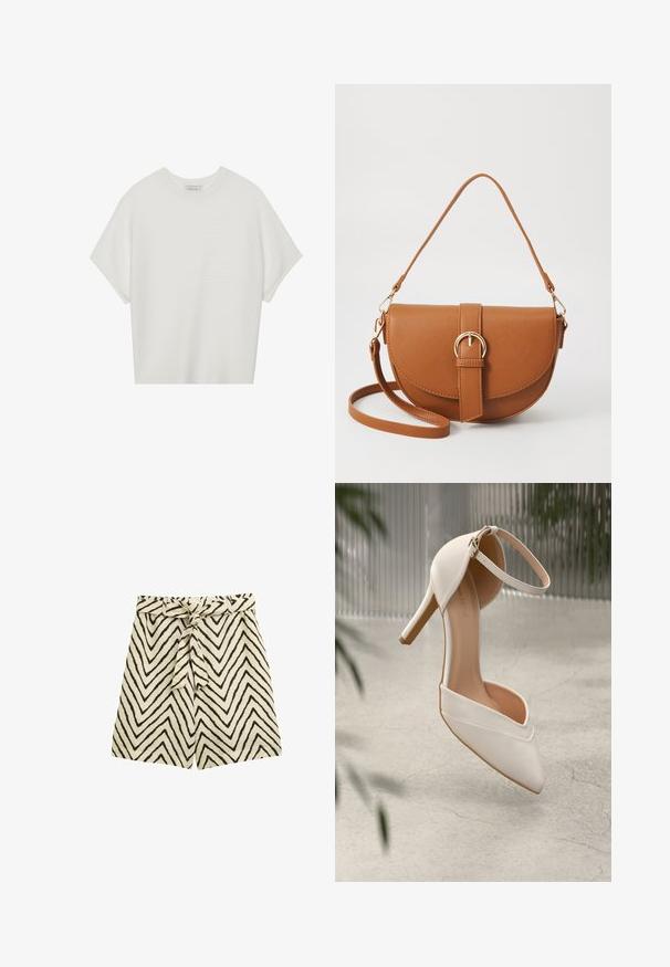 Vit kortärmad t-shirt med bred rund halsringning och texturerad ribbad mönster, tillverkad av mjukt material, med avslappnad passform och en ren design.; Lätta shorts i beige tyg med svarta zickzackmönster. Har en knytbälte i midjan och en avslappnad passform.; Vit högklackad sko i glatt material med spetstopp och ankelsnodd. Har en ljusbrun inredning och guldfärgad detaljer.; Brun läder crossbody-väska med en böjd form, gyllene detaljer och en spänneaccent. Har en avtagbar axelrem.