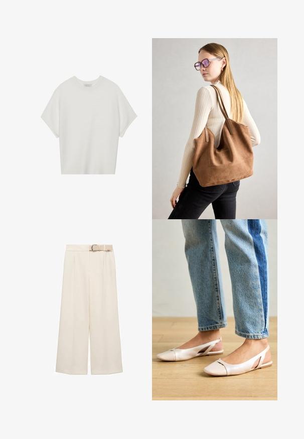 T-shirt bianca a maniche corte con scollo rotondo ampio e texture a coste, realizzata in tessuto morbido, caratterizzata da una vestibilità rilassata e un design pulito.; Pantaloni a gamba larga di un chiaro colore crema, dotati di vita piatta, pieghe e una cintura coordinata con fibbia metallica.; Ballerine slingback rosa pallido con punta affusolata, realizzate in un materiale simile alla pelle liscio. Presentano dettagli a taglio sui lati e un tacco piatto.; Borsa a tracolla in suede marrone con texture morbida, ampia apertura e lunghe cinghie. Caratterizzata da un design semplice con cuciture visibili e senza accessori.