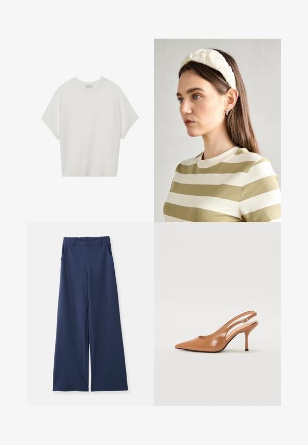 White short-sleeve t-shirt with a wide crew neck and textured ribbed pattern, made of soft fabric, featuring a relaxed fit and a clean design.; Navy blue wide-leg pants with elastic waistband, belt loops, and side pockets, displayed flat on a white background.; Pointed toe slingback heel in a smooth, glossy tan material. Features a curved cutout design and a slender stiletto heel. Silver buckle detail.; Cream padded headband with twisted design, paired with a beige and white striped shirt featuring a round neckline. Subtle jewelry accents.