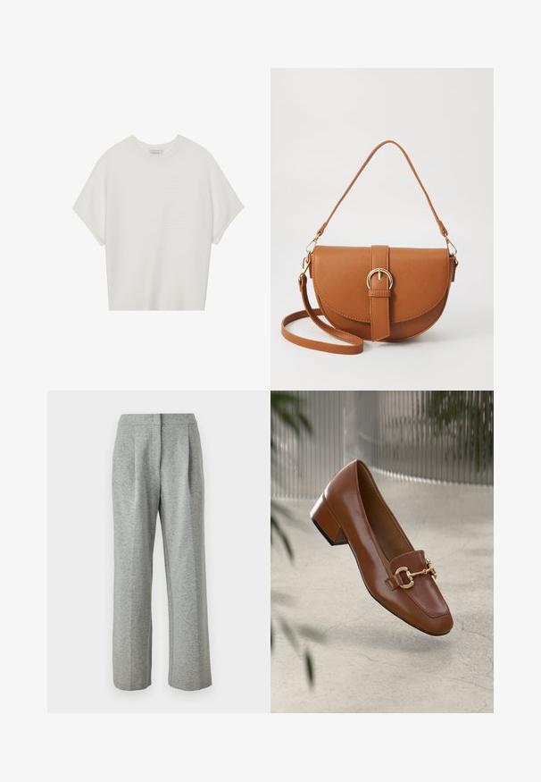 Fehér, rövid ujjú póló széles kerek nyakkivágással és textúrázott, bordás mintával, puha anyagból készült, laza fazonú és letisztult dizájnú.; Szürke, magas derekú nadrág, puha, textúrált anyagból. Két elülső pliszével és egyenes szabású dizájnnal rendelkezik, gombos záródással.; Barna lakkbőr loaferek négyzet alakú orral, fém lánc díszítéssel és alacsony blokk sarkú kialakítással; sima textúra, minimalista design.; Barna bőr keresztbody táska ívelt formával, aranyszínű fémrészekkel és csat díszítéssel. Levehető vállpánttal rendelkezik.