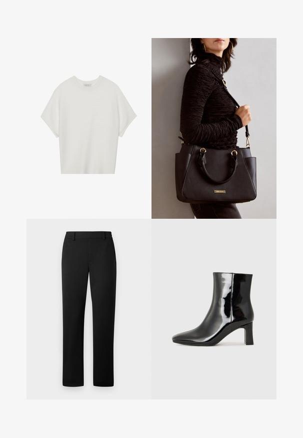 Tricou alb cu mânecă scurtă, cu guler larg și model texturat cu dungi, realizat dintr-un material moale, având o croială lejeră și un design curat.; Pantaloni negri cu un design drept, fabricați dintr-un material neted, cu o talie croită și buzunare frontale.; Botine negre din piele lacuită, cu vârful ascuțit și toc bloc de înălțime medie. Textură netedă și design minimalist.; Geantă de umăr neagră cu suprafață texturată, cu două mânere superioare și curea de umăr ajustabilă. Dispune de accesorii metalice de culoare aurie și buzunare laterale.