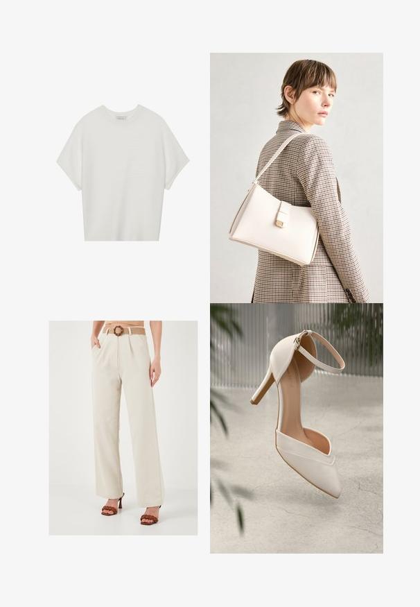 Balta īsā piedurknē T-krekls ar plašu apļa kaklu un teksturētu ribu rakstu, izgatavots no mīksta auduma, ar brīvu piegriezumu un tīru dizainu.; LELA REGULAR FIT - Auduma bikses - beige; Balta augstpapēžu kurpe gludā materiālā ar smailu purngalu un potītes siksniņu. Iekšpuse ir gaiši brūna, un ir zelta tonī detalizējumi.; Balta ādas rokassoma ar strukturētu dizainu, kurai ir magnētiska aizdare un plecu josta, parādīta uz neitrāla fona.