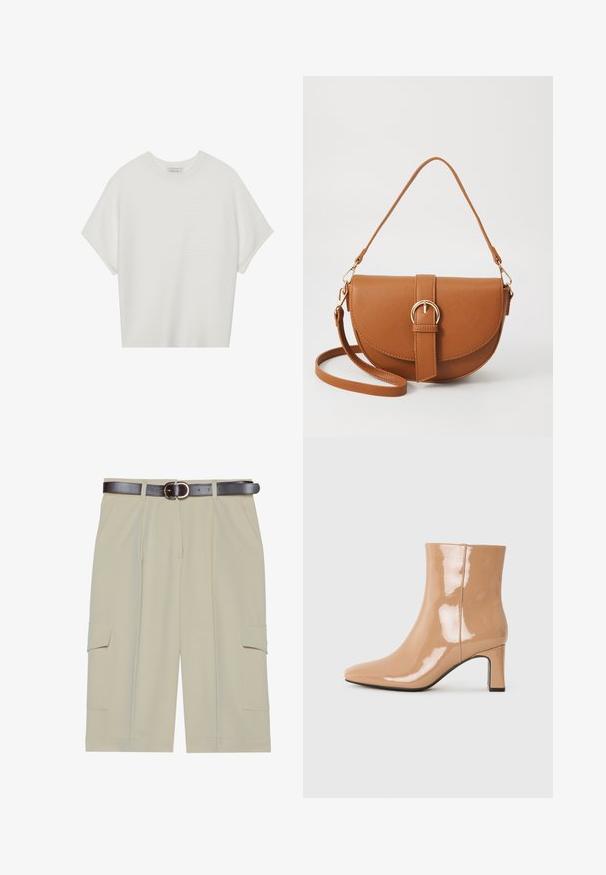 Valkoinen lyhythihainen t-paita, jossa on leveä pyöreä kaula-aukko ja teksturoitu ribbikuvio, valmistettu pehmeästä kankaasta, rento malli ja siisti muotoilu.; Beige cargo shorts dengan potongan santai, dilengkapi dengan dua saku samping dan sabuk cokelat dengan gesper bulat, tekstur kain yang halus.; Nude patentoimiset nilkkurit, joissa on terävä kärki, kiiltävä pinta ja keskipitkä lohkarekenkä. Silkkinen pinta ja virtaviivainen siluetti.; Ruskean nahkainen olkalaukku, jossa on kaareva muoto, kultaiset yksityiskohdat ja solkiyksityiskohta. Varustettu irrotettavalla olkahihnalla.