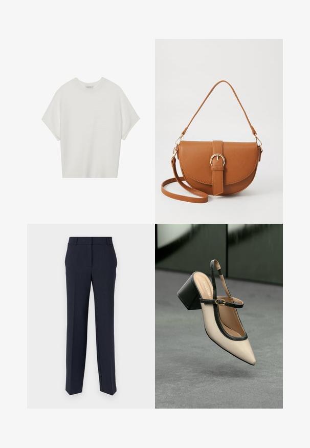 Balta īsā piedurknē T-krekls ar plašu apļa kaklu un teksturētu ribu rakstu, izgatavots no mīksta auduma, ar brīvu piegriezumu un tīru dizainu.; Jūras spēku stila bikses ar taisnu piegriezumu, gludu tekstūru un plakanu priekšpusi. Iespējas ietver divas sānu kabatas un klasisku jostas dizainu.; Beige smailā purngalā siksnu kurpe ar melnu akcentu, zelta sprādzi un masīvu bloku papēdi uz pelēka grīdas ar tumši zaļu fonu.; Brūns ādas plecu soma ar izliekta formu, zelta piederumiem un sprādzes akcentu. Iesaiņota ar noņemamu plecu siksnu.