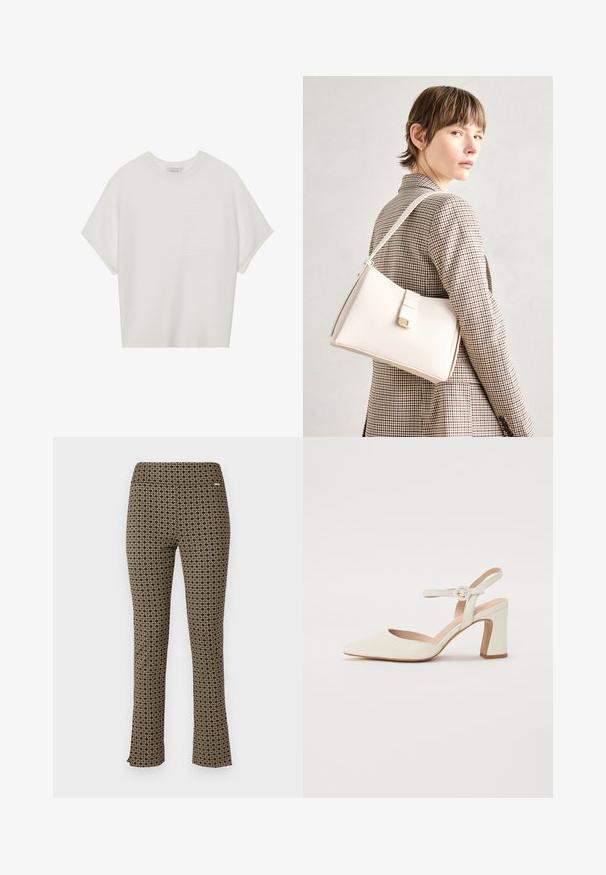 Bela majica s kratkimi rokavi in širokim ovratnikom ter teksturiranim rebrastim vzorcem, izdelana iz mehke tkanine, z udobnim krojem in čistim dizajnom.; Rjave hlače z vzorcem in krojenjem nog, ki se širijo, z geometrijskimi oblikami v zlati in mornarsko modri barvi. Gladka tekstura in elastičen pas.; Čevlji s koničastim nosom v kremni barvi z blokastim peto. Imajo tanki trak okoli gležnja z okroglo sponko in gladko usnjeno teksturo.; Bela usnjena torba s strukturirano zasnovo, opremljena z magnetnim zapiranjem in naramnico, prikazana na nevtralni ozadju.