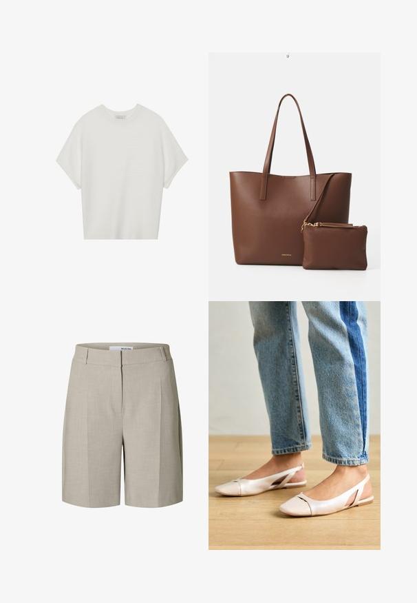 Valge lühikeste varrukatega T-särk laia ümaraha kaelusega ja tekstureeritud ribapatterniga, pehmest kangast, lõdva istuvuse ja puhta disainiga.; Kreemjad kohandatud lühikesed püksid sileda tekstuuriga, flati esi ja küljetaskudega. Valmistatud kergest kangast mugavuse tagamiseks.; Kahvatu roosa slingback lapikute jalatsite paar, millel on terav varvas, valmistatud siledast nahataolisest materjalist. Omab külgedel lõikekohti ja lapikut kontsa.; Pruun kunstnahast kott kahe pika käepidemega ja sobiva väikese kotti. Pinna peal on tekstuuriga muster ja kuldsed metallist detailid.