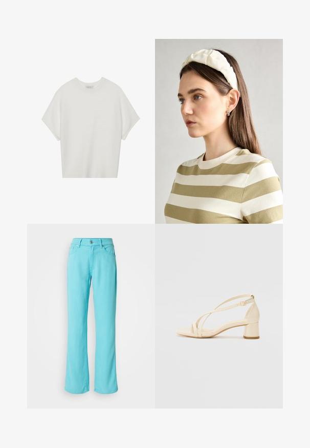 Tricou alb cu mânecă scurtă, cu guler larg și model texturat cu dungi, realizat dintr-un material moale, având o croială lejeră și un design curat.; Jeans bleu deschis, cu picioare largi, din denim. Dispune de o închidere cu nasture și fermoar, cinci buzunare și detalii cusute la tiv.; Sandale cu toc bej, cu toc pătrat, design cu barete și curea la gleznă ajustabilă, realizate dintr-un material sintetic neted cu finisaj mat.; Bandă de cap din material moale, de culoare crem, cu un design răsucit, purtată alături de o bluză în dungi bej și albă, cu guler rotund. Accente discrete din bijuterii.