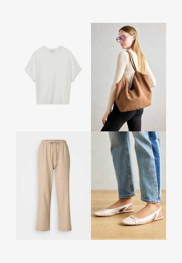 Camiseta branca de mangas curtas com um decote careca largo e um padrão texturizado canelado, feita de tecido suave, com um corte relaxado e um design limpo.; ONLY Petite ONLAMAHLE STRAIGHT PULL UP - Calças - pumice stone; Sapatilhas slingback de cor rosa pálido com bico fino, feitas de um material semelhante a couro liso. Apresentam detalhes recortados nas laterais e um salto plano.; Bolsa tote em camurça castanha com textura suave, grande abertura e alças longas. Apresenta um design simples com costuras visíveis e sem acessórios.