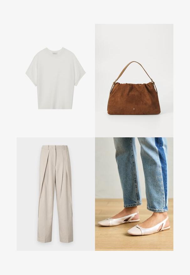T-shirt blanc à manches courtes avec un large col rond et un motif côtelé texturé, fabriqué en tissu doux, présentant une coupe décontractée et un design épuré.; Pantalons beige sur mesure avec devant plissé, jambes larges et texture lisse. Comprend une taille classique et des poches latérales.; Ballerines slingback rose pâle avec un bout pointu, fabriquées en un matériau semblable au cuir lisse. Présentent des découpes sur les côtés et un talon plat.; Sac à main en daim marron avec un design plissé, arborant une seule sangle en cuir beige et un discret logo doré à l'avant.
