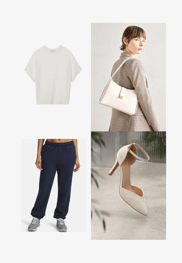 Weißes T-Shirt mit kurzen Ärmeln, weitem Rundhalsausschnitt und strukturiertem Rippenmuster, aus weichem Stoff, mit legerer Passform und einem klaren Design.; Marineblaue Jogginghose mit elastischem Bund, Bündchen an den Knöcheln und einem dezenten Logo an der Seite, aus weichem, atmungsaktivem Material.; Weiße High Heels aus glattem Material mit spitzem Schuhschild und Knöchelriemen. Mit einem hellbraunen Innenleben und goldfarbener Hardware-Akzentuierung.; Weiße Lederhandtasche mit strukturiertem Design, ausgestattet mit einem Magnetverschluss und einem Schulterriemen, präsentiert vor einem neutralen Hintergrund.