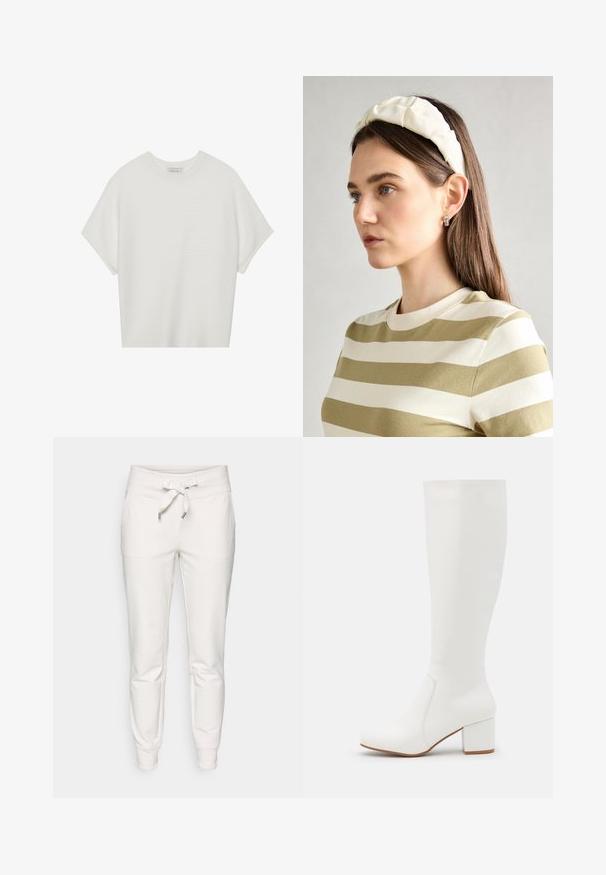 Bijela majica kratkih rukava s širokim okruglim izrezom i teksturiranim rebrastim uzorkom, izrađena od mekog materijala, s opuštenim krojem i čistim dizajnom.; Bijele trenirke izrađene od mekog materijala, s elastičnim pojasom na vezanje, elastičnim završecima i dvije bočne džepove za praktičnost.; Bijele čizme do koljena s glatkom, sjajnom završnom obradom. Kvadratni blok peta i suptilni šavovi duž strane.; Kremasta podstavljena trakica za glavu s uvijenim dizajnom, uparen s bež i bijelom prugastom majicom s okruglim izrezom. Suptilni dodaci nakita.