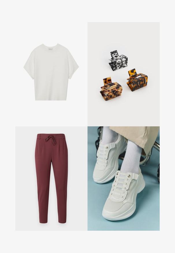 Balta trumpa rankovėmis marškinėliai su plačiu apykakle ir tekstūruotu gumbelių raštu, pagaminti iš minkštos medžiagos, pasižymintys laisvu siluetu ir tvarkingu dizainu.; Bordo elastingos juostos kelnės su reguliuojamu raišteliu, siaurėjančiomis kojomis ir lygiu, minkštu medžiagos paviršiumi. Yra priekiniai raukšlės, suteikiančios elegantišką išvaizdą.; Baltos sportbačiai su tinklelio medžiaga, guminiais padais, be raištelių dizainu su elastinėmis juostelėmis ir auksinėmis detalėmis.; Trys plaukų segtukai: vienas juodos ir baltos marmuro raštu, du gyslotieji rudo ir juodo atspalvių, visi pagaminti iš blizgaus plastiko su tekstūruotu paviršiumi.