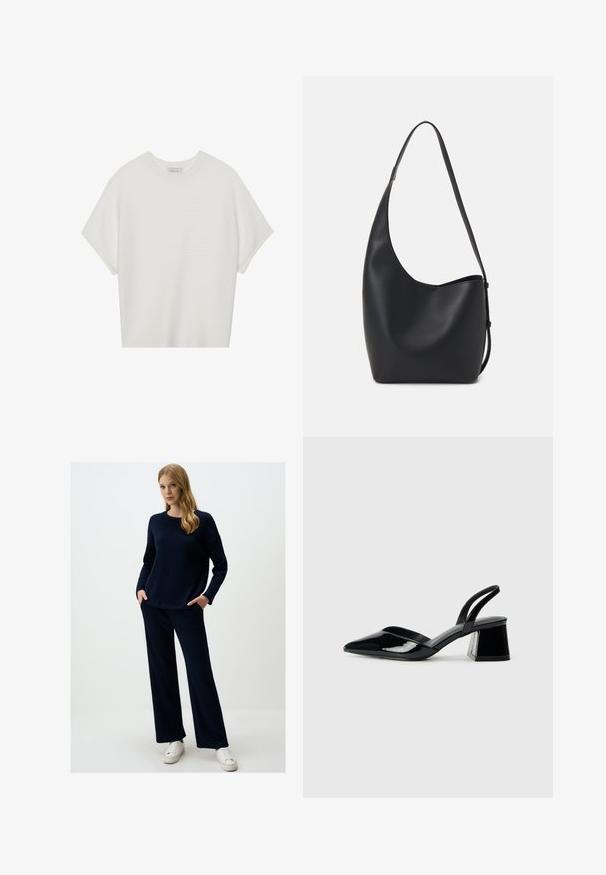 Witte T-shirt met korte mouwen, een brede ronde hals en een gestructureerd ribpatroon, gemaakt van zachte stof. Het shirt heeft een ontspannen pasvorm en een strakke uitstraling.; Marineblauwe gebreide trui en bijpassende wijde broek. Gelaagd stof, ronde halslijn en zijzakken. Gecombineerd met witte sneakers.; Zwarte gepatineerde leren slingback hakken met een spitse neus en een geometrische blokhak. Kenmerkt zich door een slank, minimalistisch ontwerp en een gladde textuur.; Zwarte leren hobo tas met een gladde textuur, kromme vorm en een enkele verstelbare schouderband; heeft een brede opening aan de bovenkant.