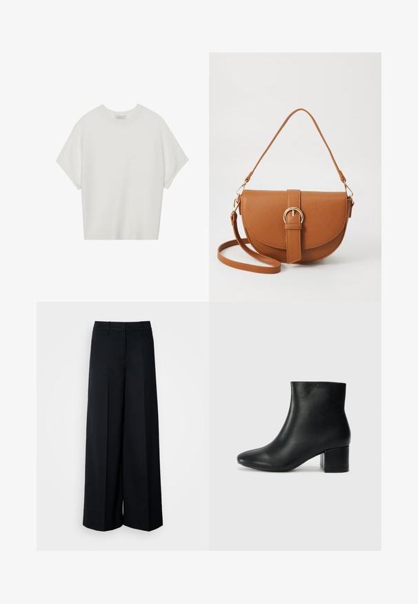 Tricou alb cu mânecă scurtă, cu guler larg și model texturat cu dungi, realizat dintr-un material moale, având o croială lejeră și un design curat.; Pantaloni negri cu talie înaltă, cu croială largă, având pliseuri, buzunare laterale și o textură netedă. Designul pune în evidență o siluetă dreaptă.; Cizme negre din piele până la gleznă, cu vârf ascuțit și toc robust. Textură netedă, cu accente minime și un design elegant, ajustat.; Geantă din piele maro, tip crossbody, cu o formă curbată, accesorii aurii și un accent cu cataramă. Dispune de un curea de umăr detașabilă.