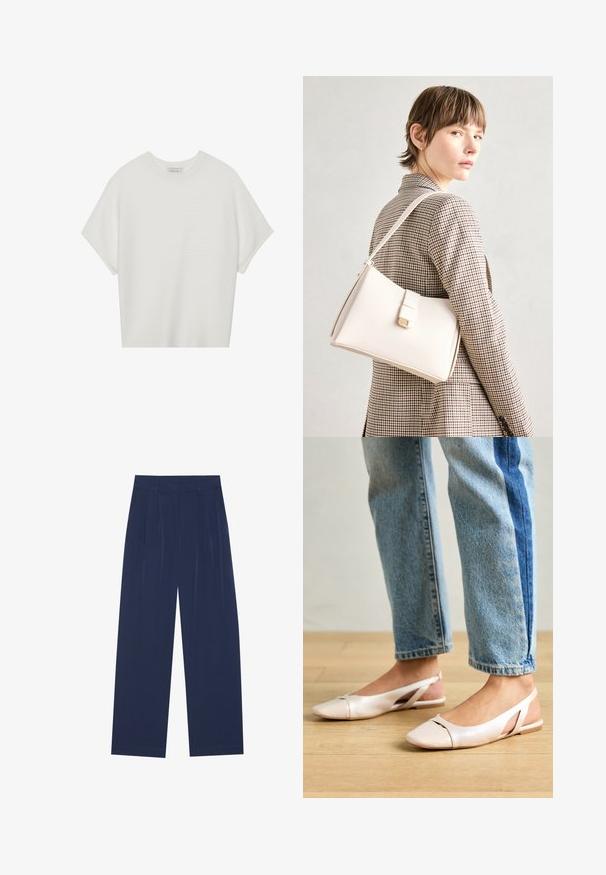 Witte T-shirt met korte mouwen, een brede ronde hals en een gestructureerd ribpatroon, gemaakt van zachte stof. Het shirt heeft een ontspannen pasvorm en een strakke uitstraling.; Navyblauwe wijde broek van zachte stof, voorzien van voorplooien, een gladde textuur en een rechte pasvorm zonder zichtbare zakken.; Zachtroze slingback ballerina's met een spitse neus, gemaakt van een glad leerachtig materiaal. Bevat uitsnijdingen aan de zijkanten en heeft een platte hak.; Witte leren handtas met een gestructureerd ontwerp, voorzien van een magneetsluiting en een schouderriem, tentoongesteld tegen een neutrale achtergrond.