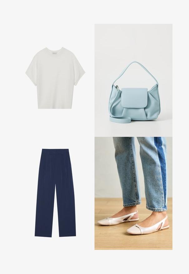 Camiseta branca de mangas curtas com um decote careca largo e um padrão texturizado canelado, feita de tecido suave, com um corte relaxado e um design limpo.; Calças largas azul-marinho feitas de um tecido suave, com plissados frontais, uma textura lisa e um corte recto sem bolsos visíveis.; Sapatilhas slingback de cor rosa pálido com bico fino, feitas de um material semelhante a couro liso. Apresentam detalhes recortados nas laterais e um salto plano.; Bolsa de mão de couro azul claro com alça superior, bolso frontal com aba e alça de pulso destacável, em fundo branco.