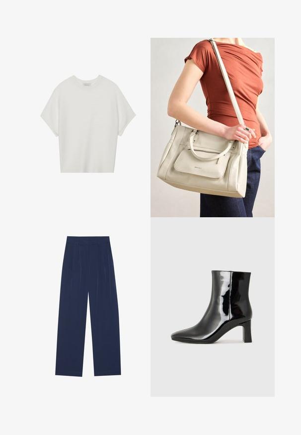 Bílý krátký rukáv tričko s širokým kulatým výstřihem a texturovaným žebrovaným vzorem, vyrobené z měkké látky, s uvolněným střihem a čistým designem.; Námořnické modré široké kalhoty vyrobené z jemné látky, s předními záhyby, hladkou texturou a rovný střih bez viditelných kapes.; Černé lakované kotníkové boty s špičatou špičkou a středně vysokým blokovým podpatkem. Hladká textura a minimalistický design.; Bílá kožená kabelka s dvojitými uchy a odnímatelným popruhem, která má přední zipovou kapsu a hladký povrch. Nese se na paži osoby.