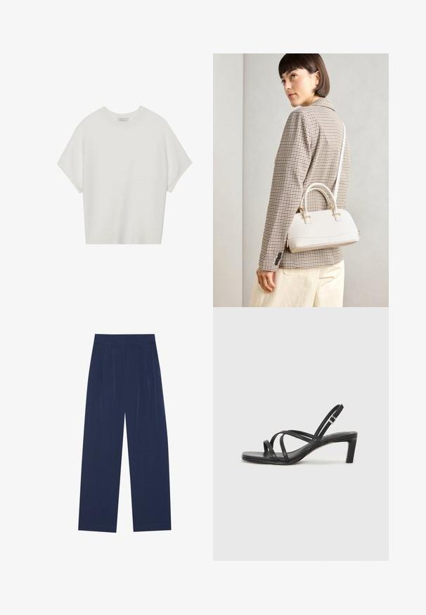 Balta īsā piedurknē T-krekls ar plašu apļa kaklu un teksturētu ribu rakstu, izgatavots no mīksta auduma, ar brīvu piegriezumu un tīru dizainu.; Tumši zili platleņķa bikses, kas izgatavotas no mīksta auduma, ar priekšējo krokām, gludu tekstūru un taisnu piegriezumu bez redzamām kabatām.; Melnas strappy sandales ar kvadrātveida purngaliem un zemu bloku papēdi. Ievērojamas ar vairākiem plāniem siksniņām un regulējamu potītes siksniņu. Izgatavotas no gludas ādas.; Balta strukturēta roku soma ar īsām rokturiem un plecu siksnu, ar zelta aparatūras akcentiem un strukturētu materiālu, izstādīta uz pelēka fona.