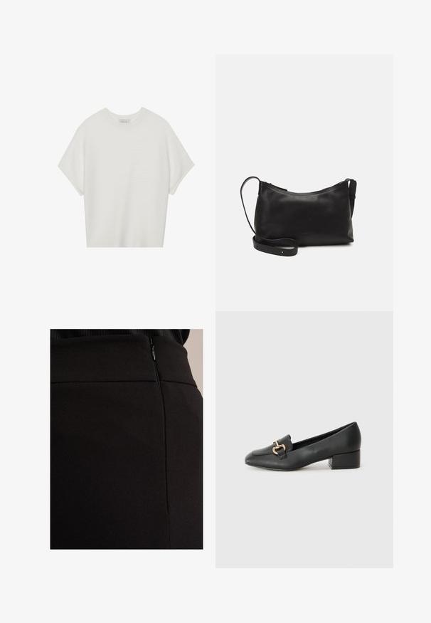 Balta īsā piedurknē T-krekls ar plašu apļa kaklu un teksturētu ribu rakstu, izgatavots no mīksta auduma, ar brīvu piegriezumu un tīru dizainu.; Melnā svārku, kas izgatavoti no teksturēta auduma, ar slēptu rāvējslēdzēja aizdari sānos un gludu jostasvietu, nodrošinot elegantu izskatu.; Melnas ādas loafers ar plakanu papēdi, kurām priekšā ir dekoratīvs zelta aparatūras elements un gluda tekstūra.; Melna ādas plecu soma ar gludu tekstūru, izliekta forma, regulējama siksna un rāvējslēdzēja aizdare. Minimālistisks dizains bez rotājumiem.